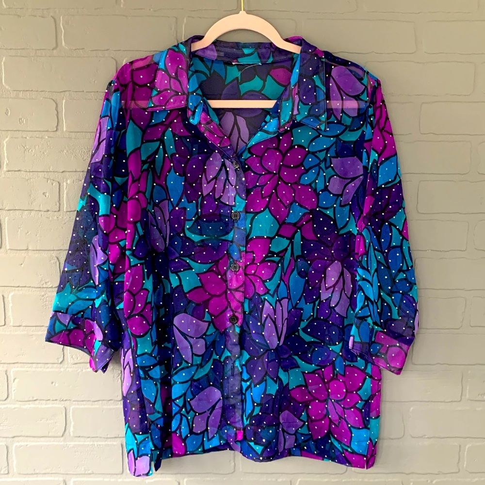 Retro Sequin Dotted Sheer Button Up